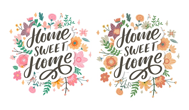 'home sweet home' hand lettering, quarantine pandemic letter text words calligraphy   illustration slogan set