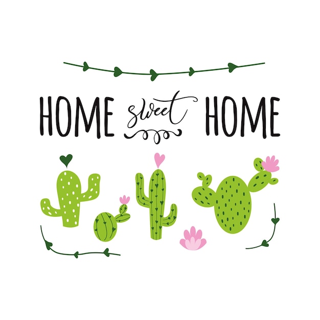 Home sweet home label Cute hand drawn Prickly cactus print with inspirational quote Home decor