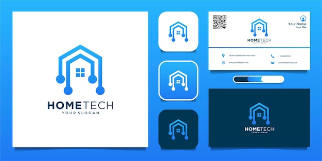 Home tech with line art style logo and business card  Premium Vector