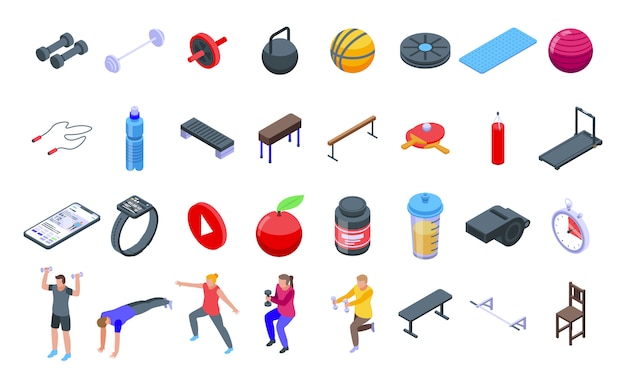 Vector home training icons set, isometric style