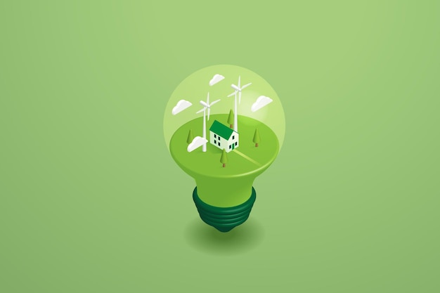 Vector home with and clean energy windmill on light bulb