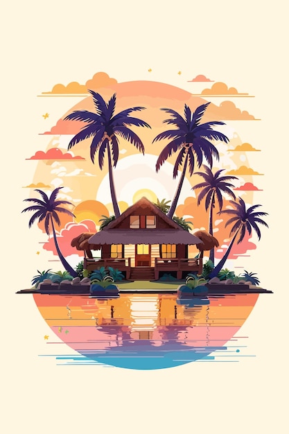 Vettore casa con il tramonto dell'albero di cocco