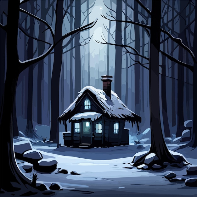 Vector home in woods and dark forest background vector illustration hut with windows and a full moon