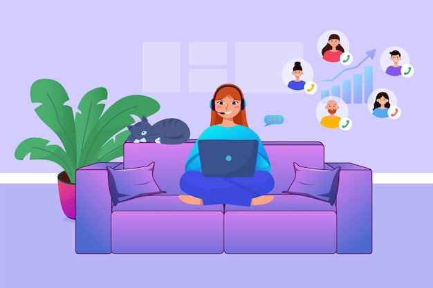 Home work concept girl wearing headphones sitting on the sofa Remote work illustration concept