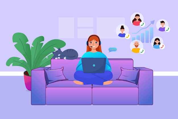 Home work concept girl wearing headphones sitting on the sofa remote work illustration concept