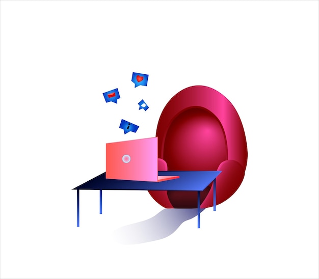 自宅の職場や事務室のベクトル図赤いアームチェア青いテーブルとピンクのネットブックメッセージアイコン
