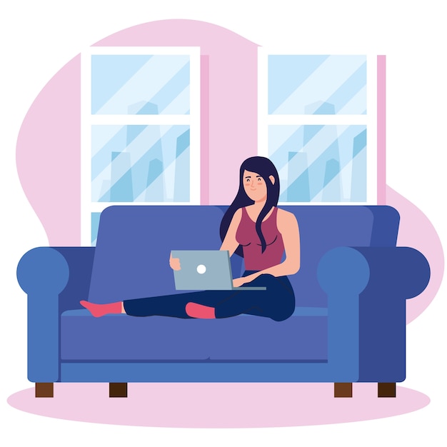 Home working, freelancer woman with laptop in sofa, working from home in relaxed pace, convenient workplace