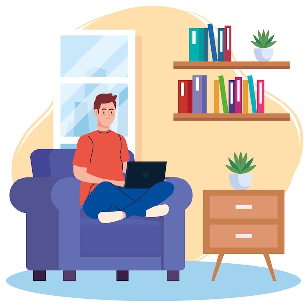 Vector home working, freelancer young man with laptop in sofa