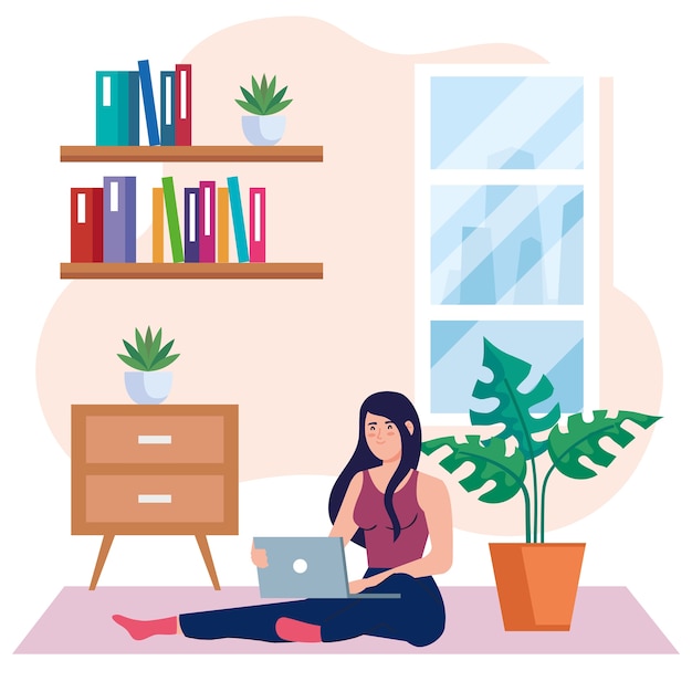 Home working, freelancer young woman sitting in floor