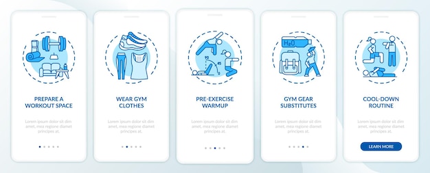 At-home workout advices onboarding mobile app page screen with concepts. fitness place, gym clothes, warmup walkthrough  steps . ui  template with rgb color