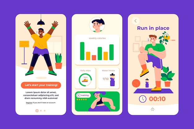 Vector home workout app ontwerp set