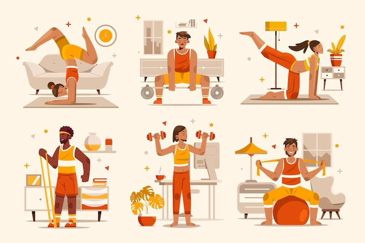 Vector home workout hand drawn cartoon composition set
