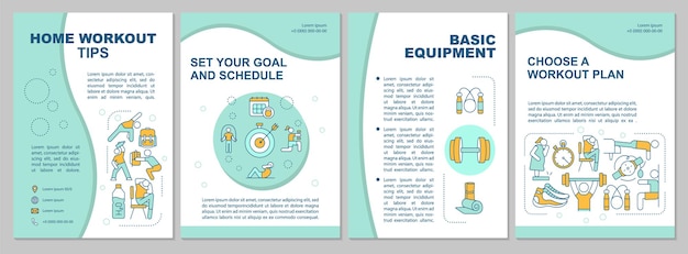 Home workout tips brochure template. basic equipment. flyer, booklet, leaflet print, cover design with linear icons.