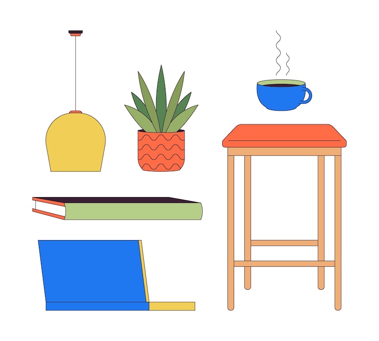 Vector home workplace interior details 2d linear cartoon objects set