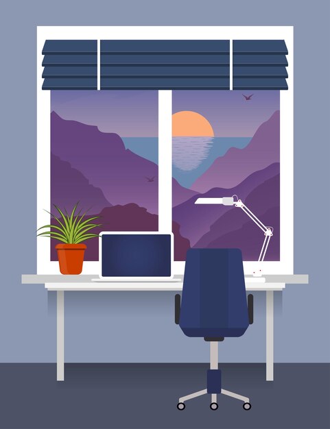 Home workplace at the window with desk laptop desk lamp Room plant in pot on the windowsill