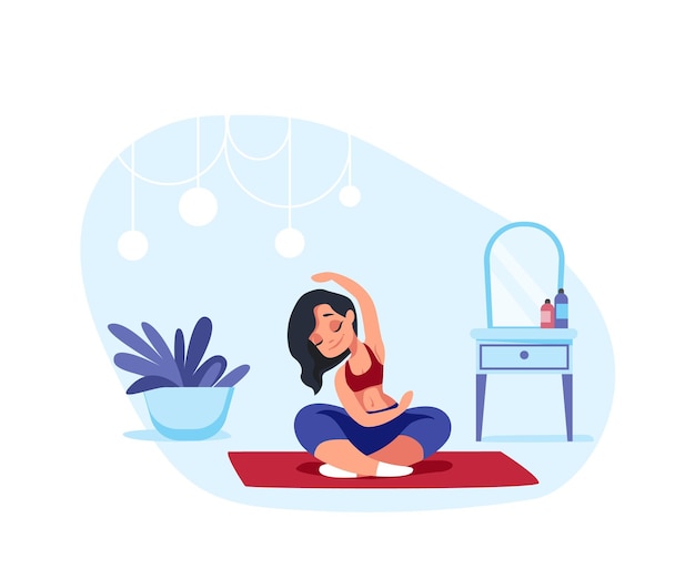 Home yoga cartoon woman meditating and doing breathing exercises character sitting in lotus position young female in asana pose training calm and concentration vector sport activities