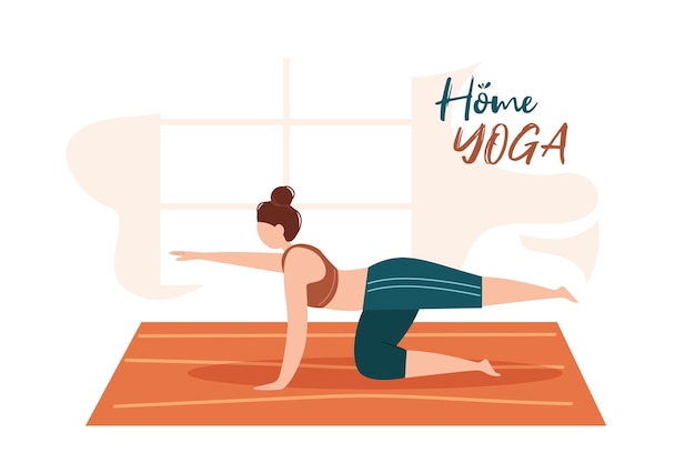 Vector home yoga a girl does yoga on a mat banner on a white background sport