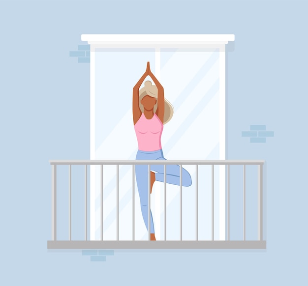 Home yoga. Meditation. Girl performs aerobics exercises and morning meditation at home on the balcony.