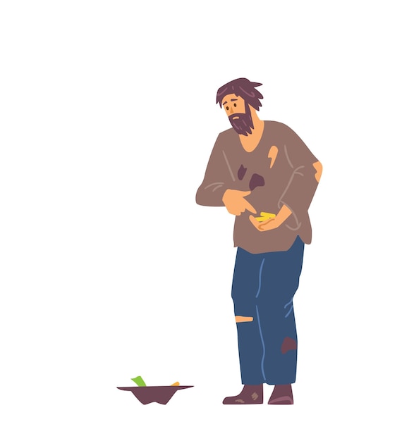 Вектор Бездомный и безработный нищий мужской персонаж мультфильма плоская векторная иллюстрация, изолированная на белом фоне