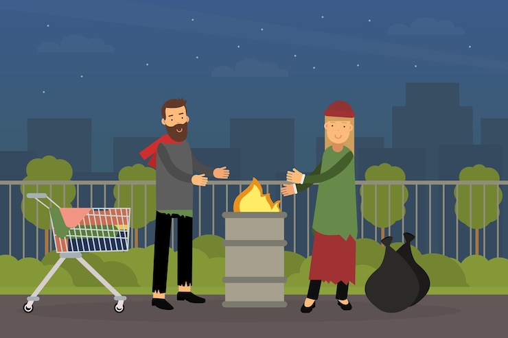 Vector homeless bearded man and woman vagabond warming in front of fire vector illustration