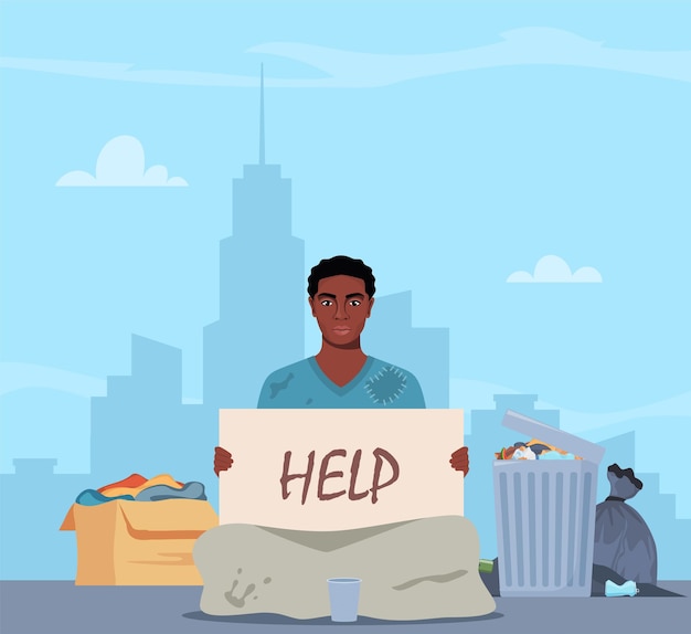 Homeless black man holding banner Help Bum in ragged clothes sitting on ground begging money