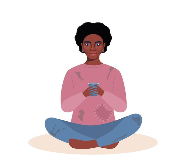 Homeless black woman Bum in ragged clothes sitting on ground begging money