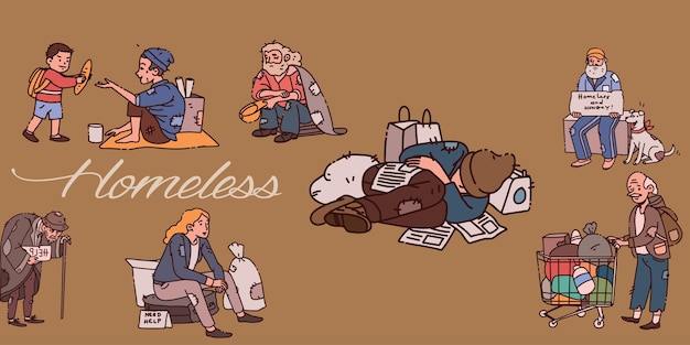 Vector homeless cartoon icon set street homeless the elderly adults and children are neglected
