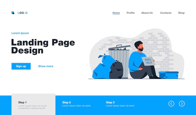 Vector homeless dirty man sitting on ground with nameplate need help isolated landing page in flat style