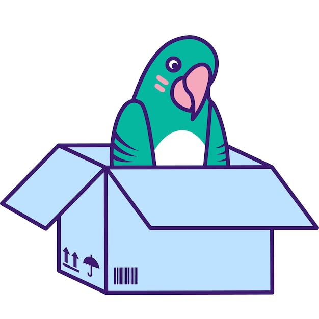 Homeless Green Tropical Parrot in Cardboard Box