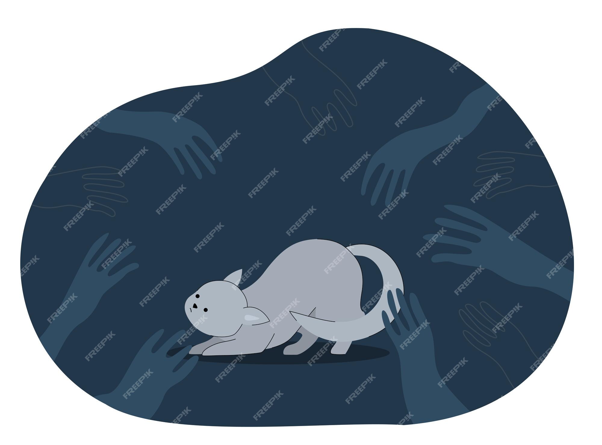 Premium Vector | Homeless grey kitten afraid of scary hands. cute cartoon cat scared of people flat vector illustration. violence, animal cruelty, pets concept for banner, website design or landing web page Premium Vector | Homeless grey kitten afraid of scary hands. cute cartoon cat scared of people flat vector illustration. violence, animal cruelty, pets concept for banner, website design or landing web page
