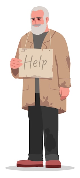 Vector homeless man asking for help semi flat rgb color vector illustration. standing figure. begging for money. poor person without home and money isolated cartoon character on white background