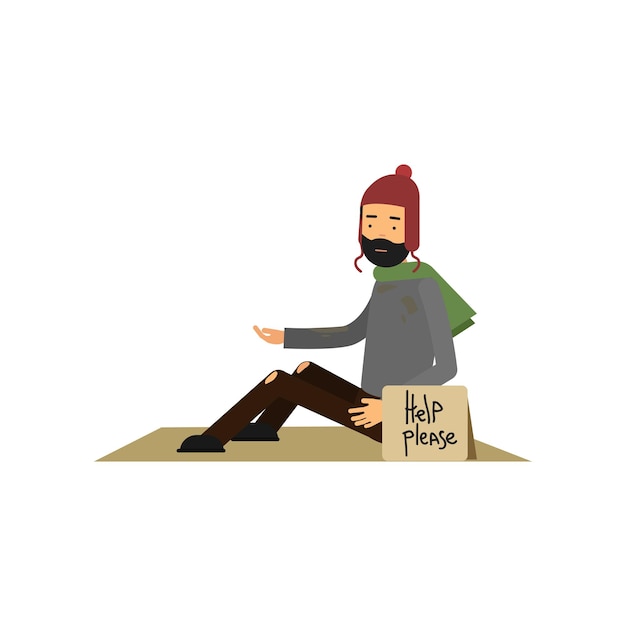 Vector homeless man in ragged clothes sitting on street asking for help, unemployment man needing for help cartoon vector illustration isolated on a white background