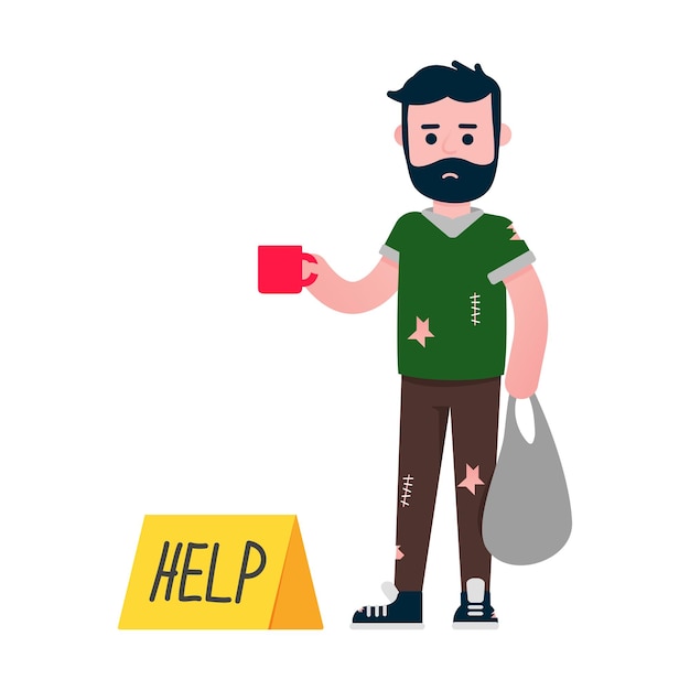 Vector homeless man standing up with the cup and ask some money with text sign help near him poor people