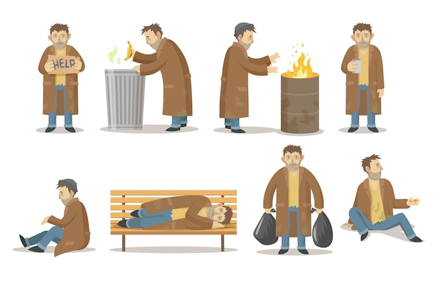 Vector homeless man in various poses collection