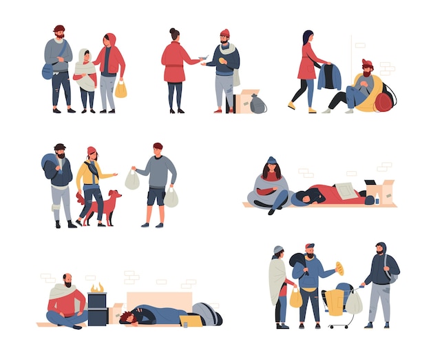 Homeless people Cartoon poor family hungry and dirty child man and woman begging and looking for food and shelter Vector persons of poverty set