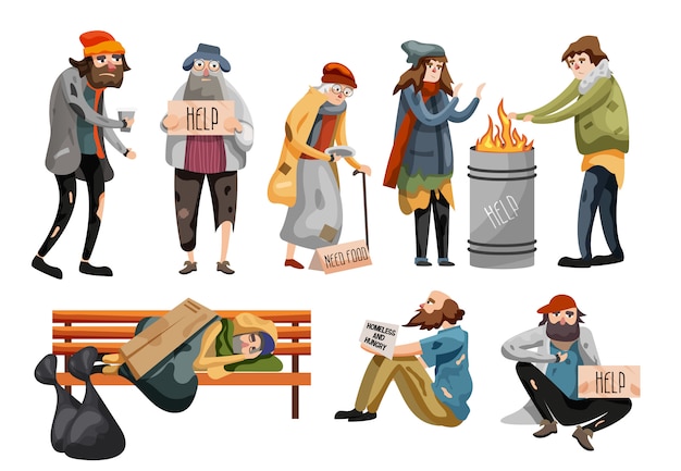 Vector homeless people cartoon. unemployment people