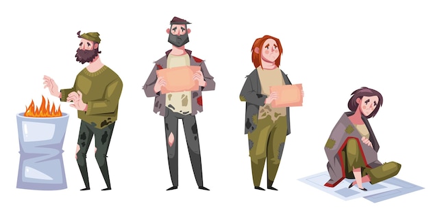 Homeless people man woman characters isolated set graphic design element flat concept