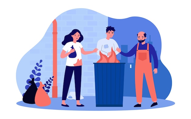 Homeless people warming themselves around fire in trash can. Flat vector illustration. Woman and men in dirty clothes, with sad faces, hungry and freezing. Poverty, failure, homelessness concept