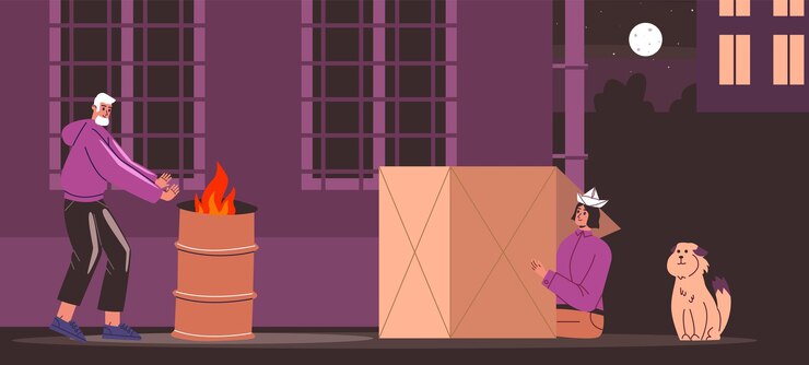 Vector homeless people woman sleeping outdoor in cardboard boxes poor man warming himself by barrel on street unhappy couple vagabond lifestyle roofless persons vector homelessness concept