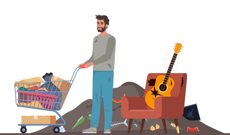 Vector homeless vagrant person looking for things in a landfill ragged vagabond homeless man