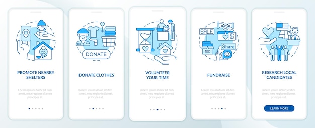Homelessness assistance blue onboarding mobile app screen Volunteering walkthrough 5 steps graphic instructions pages with linear concepts UI UX GUI template Myriad ProBold Regular fonts used
