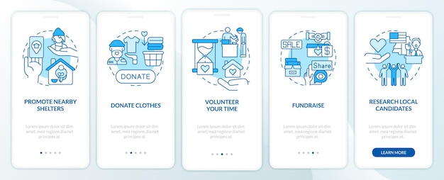 Assistenza per senzatetto blu onboarding schermata dell'app mobile guida al volontariato 5 passaggi con istruzioni grafiche pagine con concetti lineari ui ux gui template myriad probold font regolari utilizzati