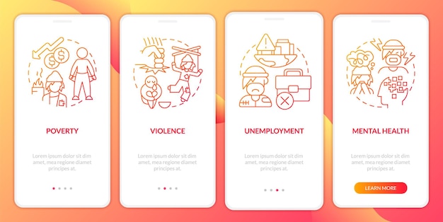 노숙자로 인해 모바일 앱 화면에 빨간색 그라데이션 온보딩이 발생합니다. 연습 선형 개념이 포함된 4단계 그래픽 지침 페이지 UI UX GUI 템플릿 Myriad ProBold 일반 글꼴 사용