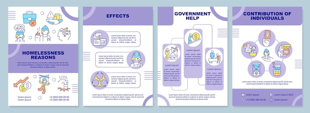 Homelessness purple brochure template Reasons and effects Leaflet design with linear icons 4 vector layouts for presentation annual reports ArialBlack Myriad ProRegular fonts used