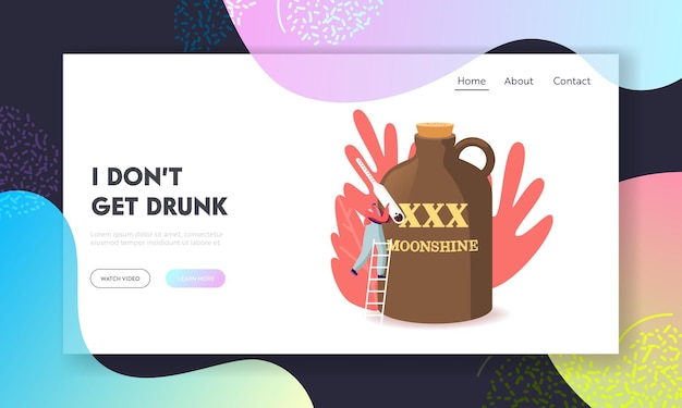 Homemade alcohol drink cooking process landing page template. tiny man character with alcohol meter stand on ladder at huge jug with moonshine