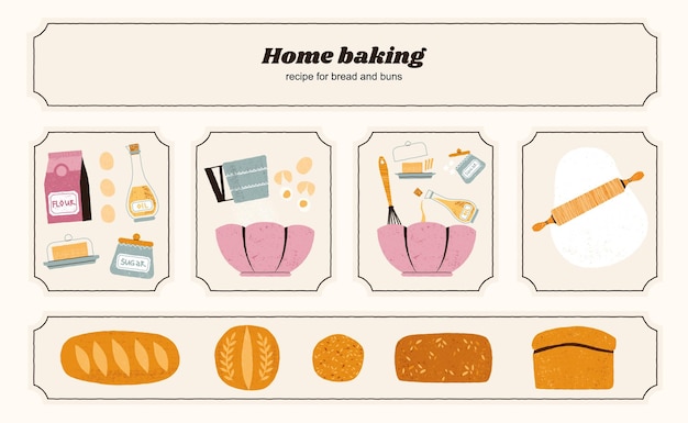 Vettore ricetta di pane fatto in casa ingredienti e strumenti di cottura processo tradizionale di preparazione degli alimenti prodotti di panetteria fatti a mano set vettoriale