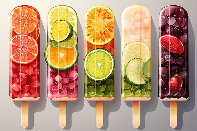 Vector homemade bright fruit popsicle with strawberry cherry lemon orange lemon and mint flavor and fre