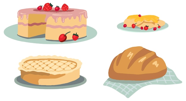 Homemade cakes set. Cake, pie, pancakes, bread. Vector illustrations of cottagecore aesthetic. Food collection. Simple drawings isolated on white.