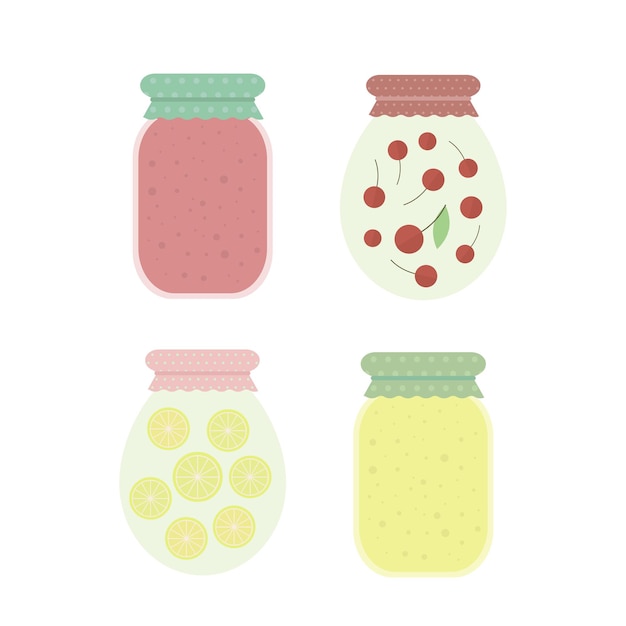 Homemade cherry and lemon jam in jar. Set of vector isolated elements for design