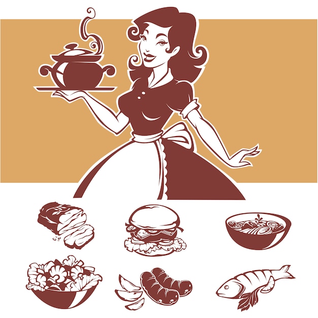 Cucina casalinga, illustraton di casalinga pinup e piatti di menu comuni